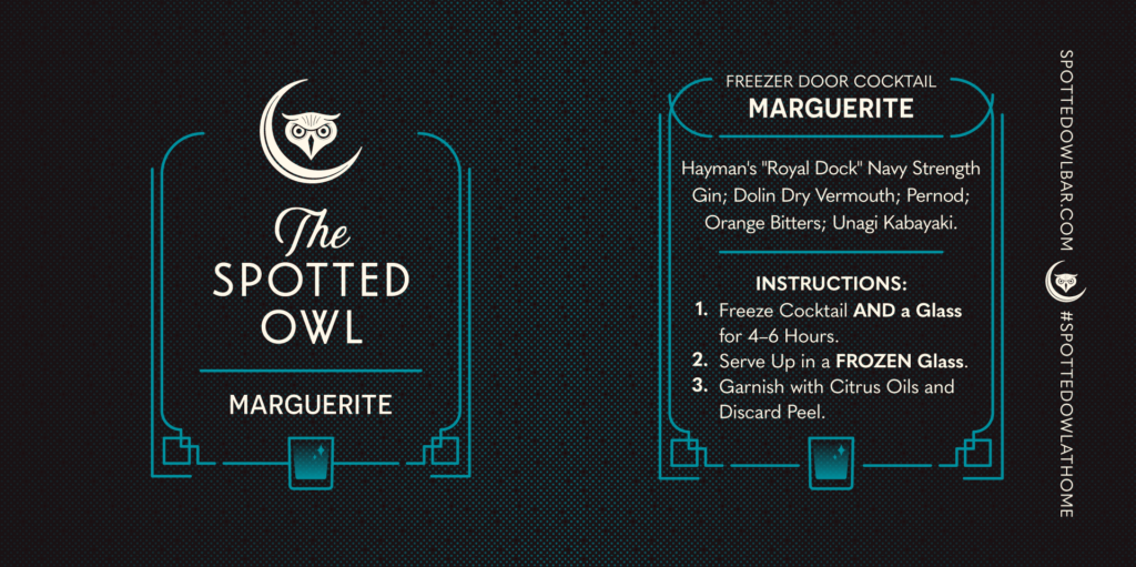 The Spotted Owl Marguerite freezer door cocktail front and back label designs. Ingredients and instructions on the back. Spottedowlbar.com