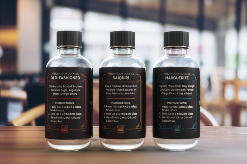 The Spotted Owl freezer door cocktails mock-ups, left to right back labels