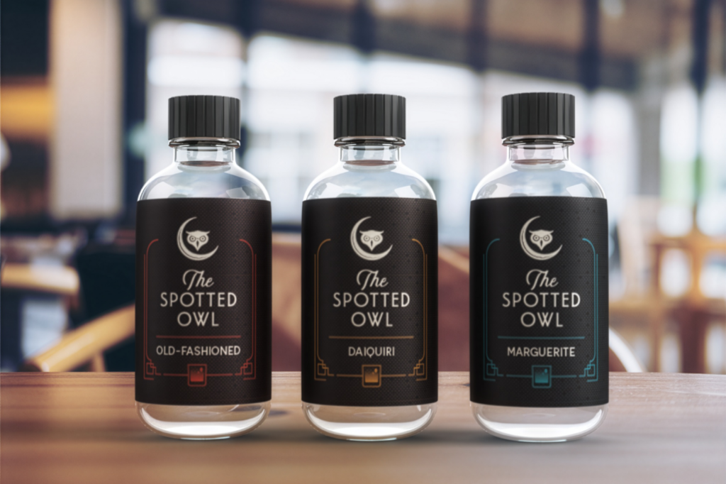 The Spotted Owl freezer door cocktails mock-ups, left to right front labels