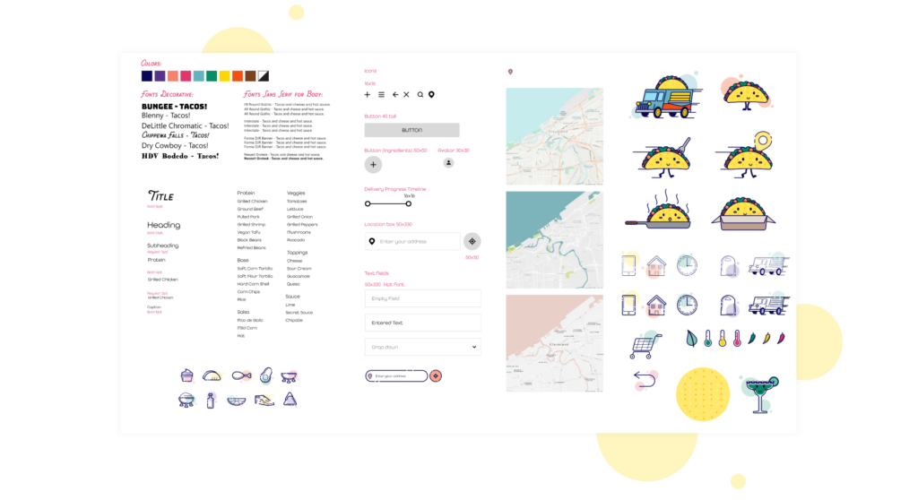 Taco Tuesday branding, all of the fonts, notes, header sizes, menu item, icons for the ingredients, common UI elements in the center along with map styles. On the far right logo variation of the taco mascot, and artwork for the app below.