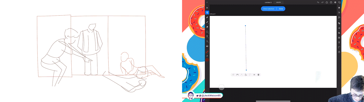 The taste of tea, left side illustration 1 sketch, right side animated time laps of process