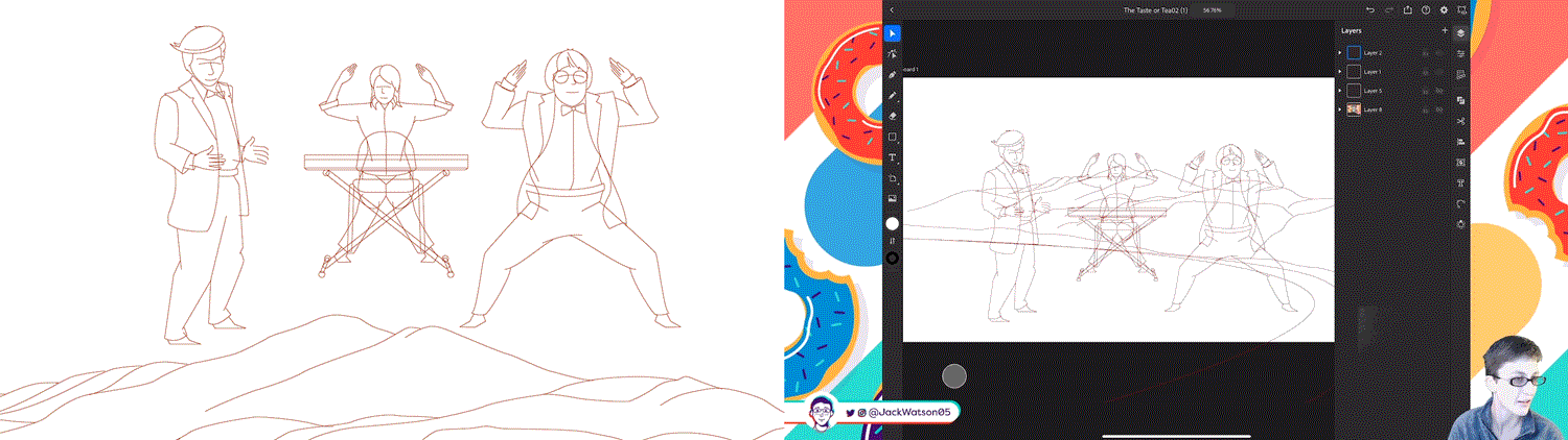 The taste of tea, left side illustration 2 sketch, right side animated time laps of process