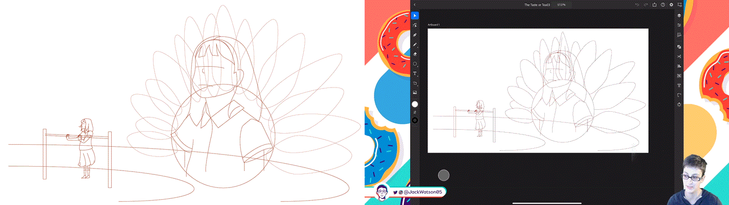 The Taste of Tea, left side illustration 3 sketch, right side animated time laps of process