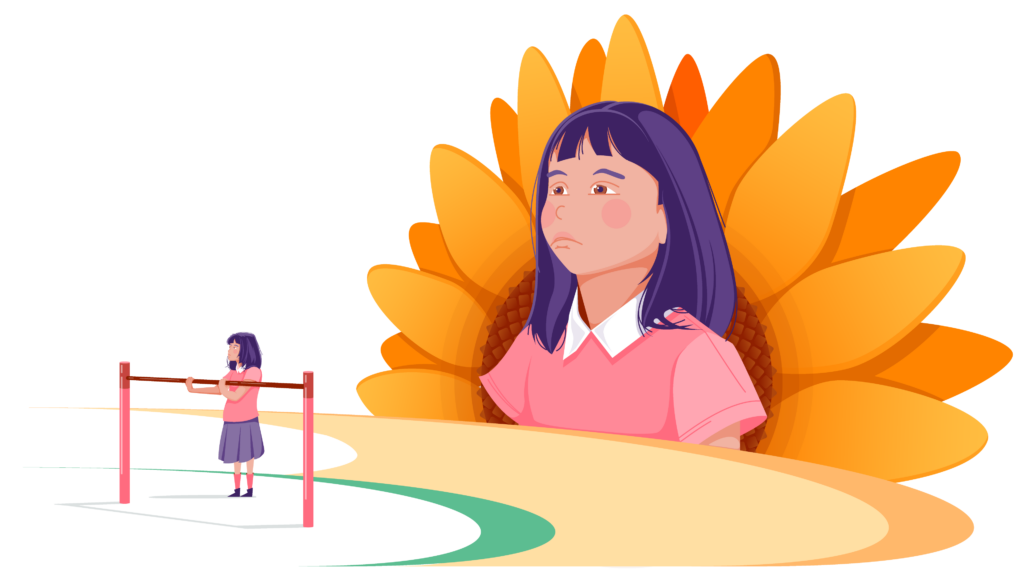The taste of tea illustration of scene 3, background large sunflower with large close up of Sachiko. Foreground smaller illustration of Sachiko standing at exercise bar in playground.