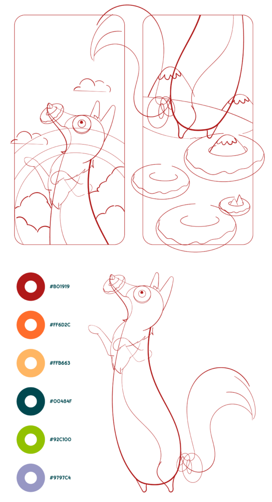 Donut dog color palette and sketches, red, orange, yellow, blue, green, gray