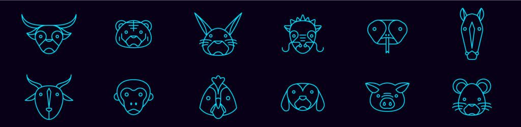 Icons of zodiac. Ox, tiger, rabbit, dragon, snake, horse, goat, monkey, chicken, dog, pig, rat