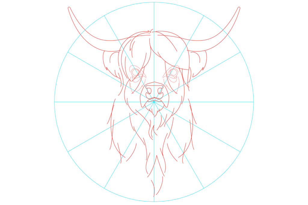 Year of the Ox sketch, Ox head in red, radial lines for icons in cyan