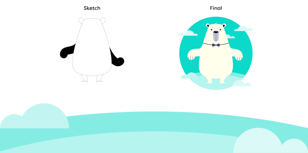dancin' bear sketch on the left, final art on the right. Polar bear with a bow tie, clouds and show surround him, overtop of a teal circle