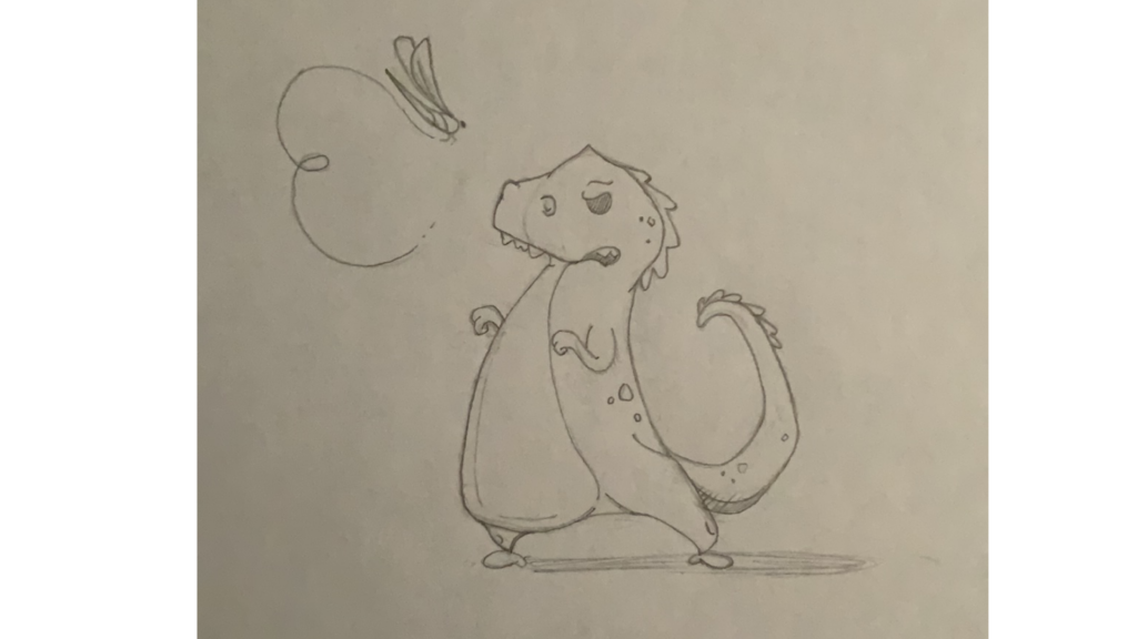 sketch on paper of a dino and dragonfly
