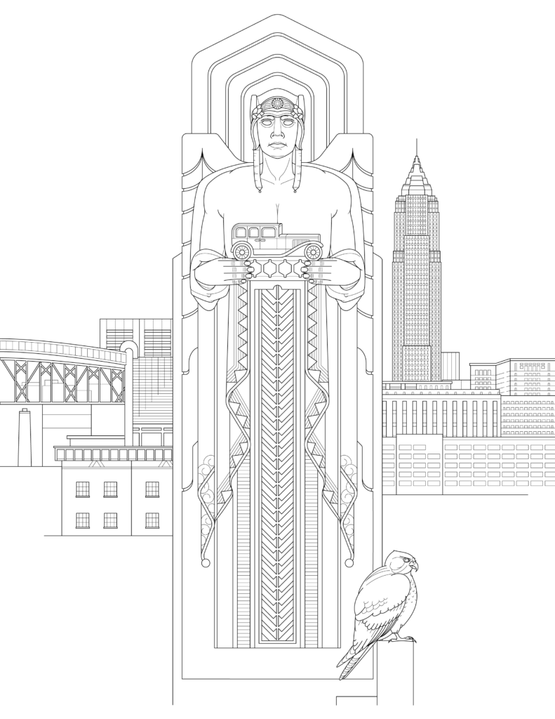 Guardians of Traffic line art, Cleveland skyline in the background. Foreground statue in art deco style person with wings holding a vintage car. Peregrine falcon resting on the bottom platform