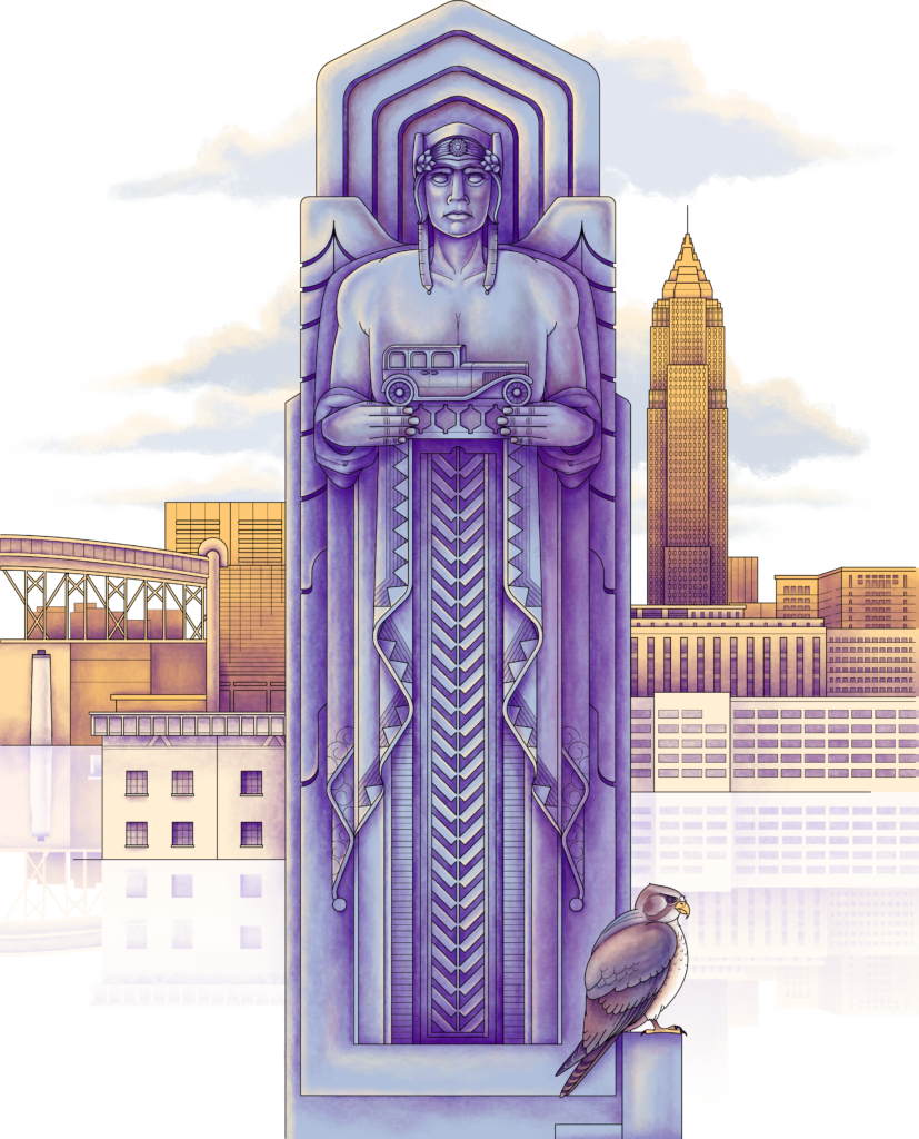 Guardians of Traffic full color illustration, Cleveland skyline in the background in gold. Foreground statue in purple. Art deco style person with wings holding a vintage car. Peregrine falcon resting on the bottom platform