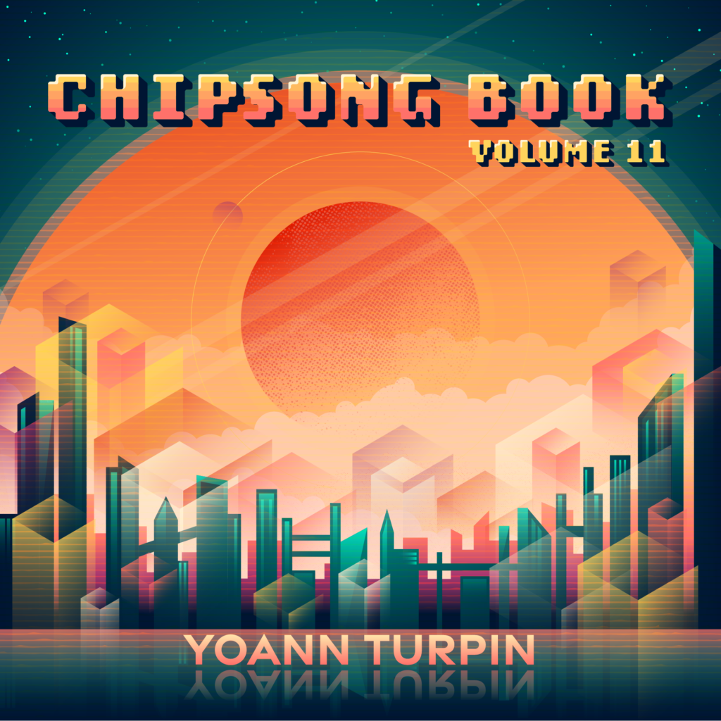 ChipSong Book Volume 11 album art. Abstract cityscape on a reflective surface, orange and teal, sun and planets in the background. Line and halftone patterns.