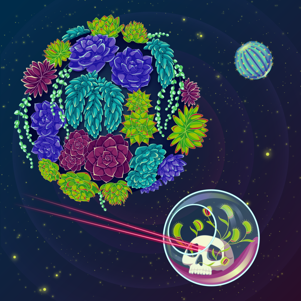 full color illustration of space with stars, large planet on the left made of multi-colors succulents, small cactus plant on the right, and glass terrarium containing venus fly trap and skull shooting lasers out of it's eyes in the bottom right.