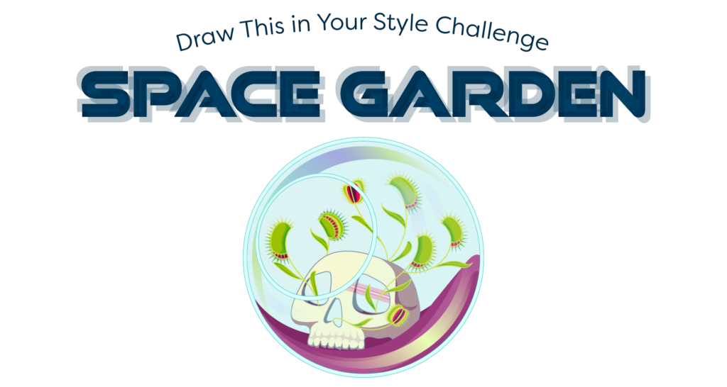 "draw this in your style challenge, space garden" with illustration of glass terrarium containing venus fly trap and skull.