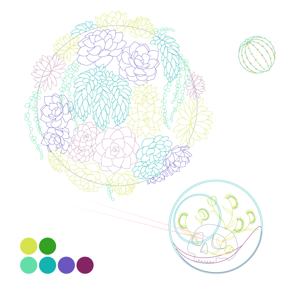 sketch, large planet on the left made of multi-colors succulents, small cactus plant on the right, and glass terrarium containing venus fly trap and skull shooting lasers out of it's eyes in the bottom right. Color palette on the bottom left, greens, teals, purples