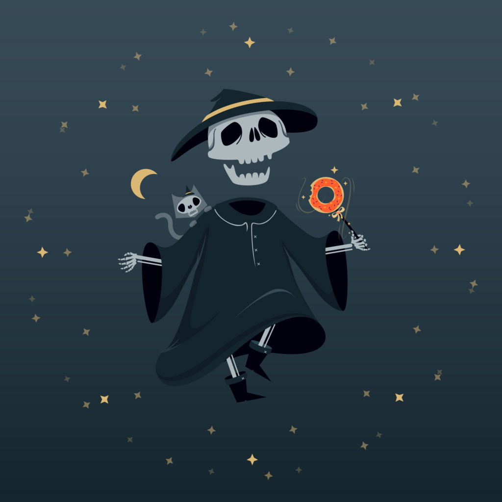 Sprinkle witch final art full color, floating skull wearing a witches hat, robe, skeleton hands and and legs with pointy boots, holding a donut magic wand, with a ghost cat on the left shoulder. Surrounded by stars on a navy background.
