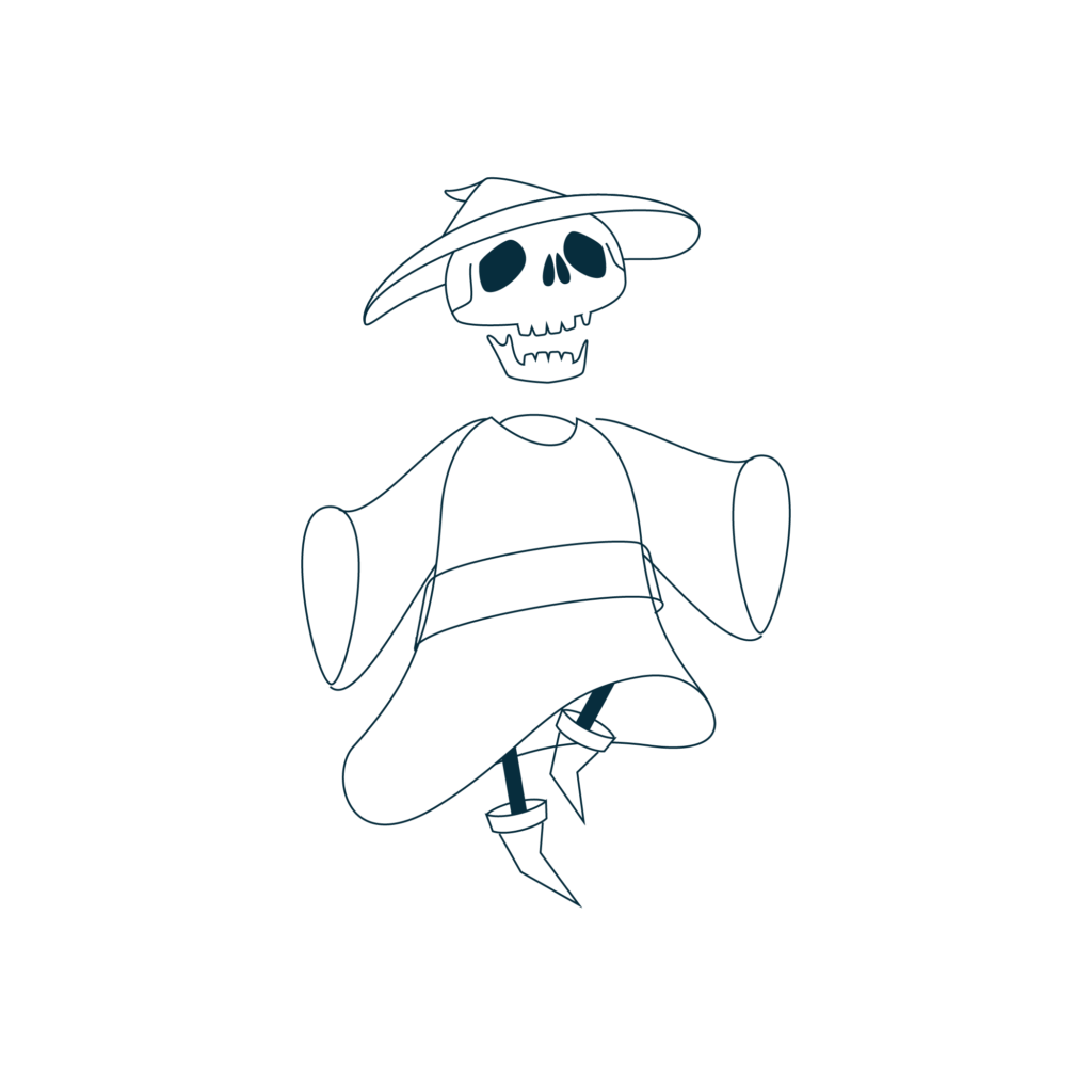 Sprinkle witch sketch, floating skull wearing a witches hat, robe, and little feet with pointy boots.