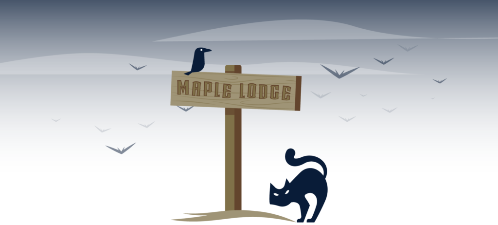 Maple Lodge wooden sign with perched crow, black cat silhouette underneath. Bats flying in the night sky