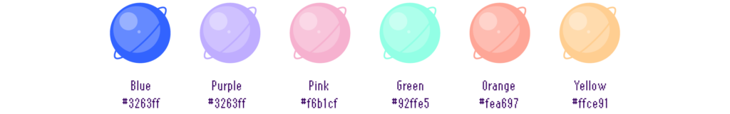 Color palette as planets, blue, purple, pink, green, orange, yellow