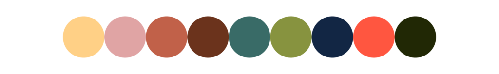 Baba Yaga color palette, yellow, pink, burnt orange, brown, dark teal, olive green, navy blue, orange, dark green.