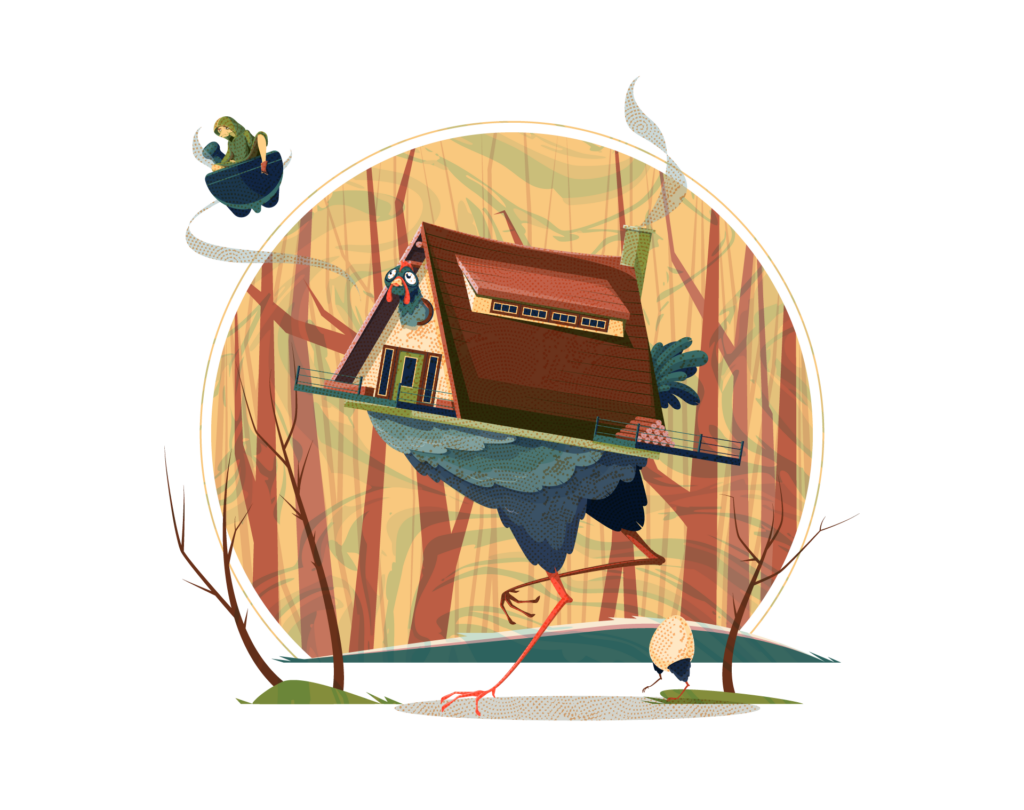 Baba Yaga textured version 2, green and blue marble texture overlaid on the background with orange dot pattern covering the foreground elements