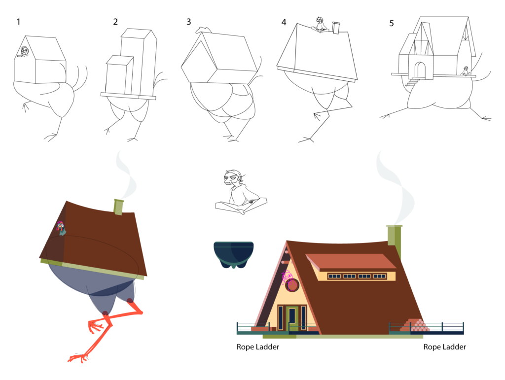 Baba Yaga initial sketches. Top row, 5 variations of chicken bodies, poses, and different style houses. Bottom, color tests on chicken and house, baba yaga line art.