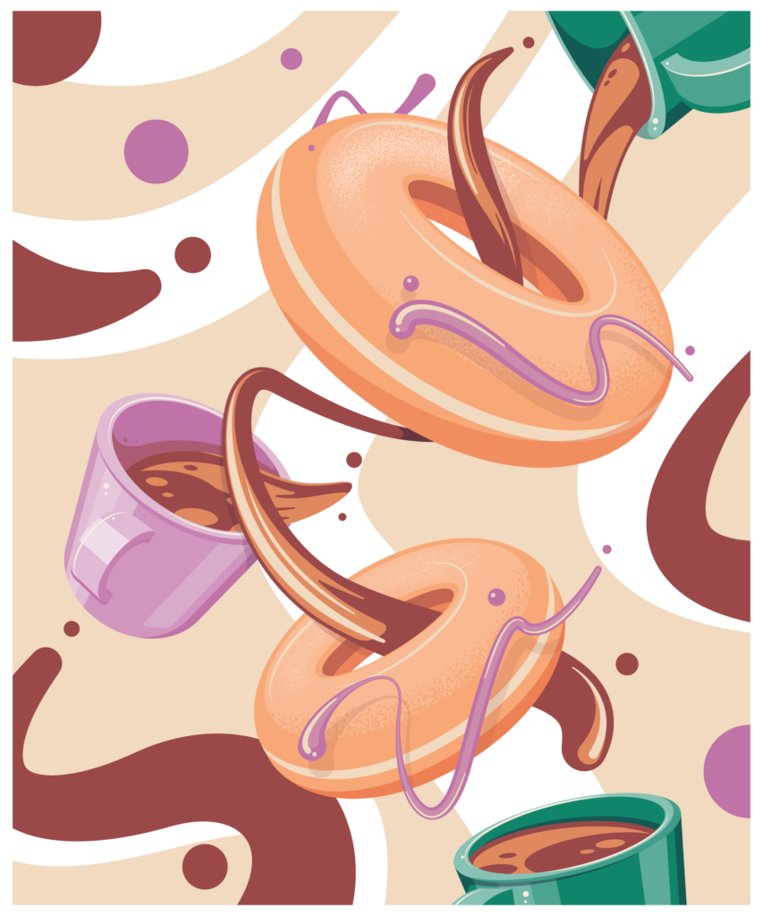 Better Together, donuts and coffee poster, glazed donuts with green and pink coffee cups and swirls of coffee and glaze creating an abstract background