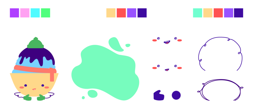 Bingsu, final art vector assets. Color palette options top from left to right purple, pink teal, green. Second option yellow, red, light purple, dark purple. Third option green, yellow, red, light purple, dark purple. Bottom left bingsu character in full flat color vector. Bottom right, piece to export to Project Neo, melted puddle, facial expression, gloves, hat base, string.