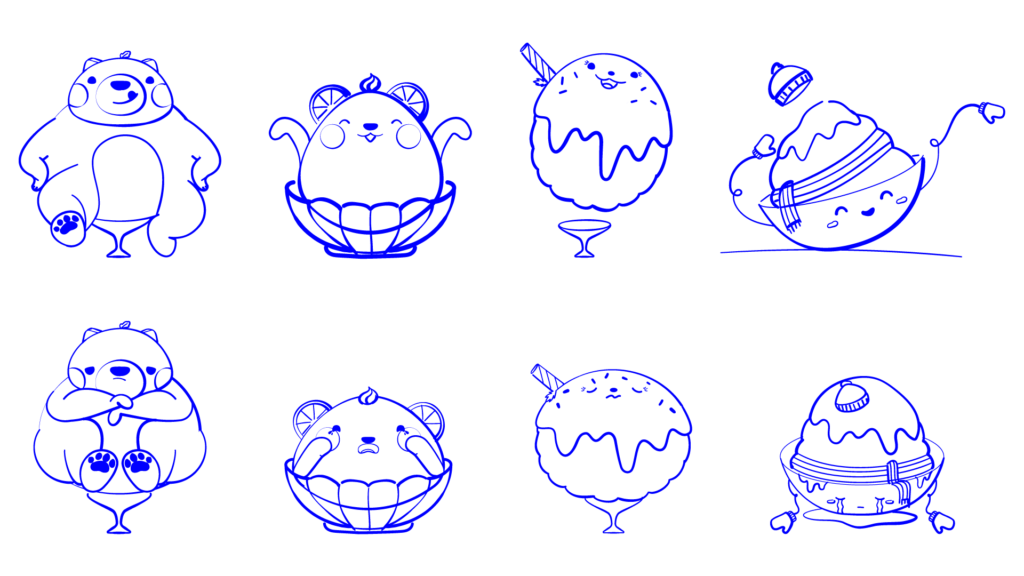 Bingsu, sketches of all 4 characters, top row happy, bottom row sad, from left to right large bear, bear face, traditional bingsu with sprinkles, traditional bingsu with hat and scarf.