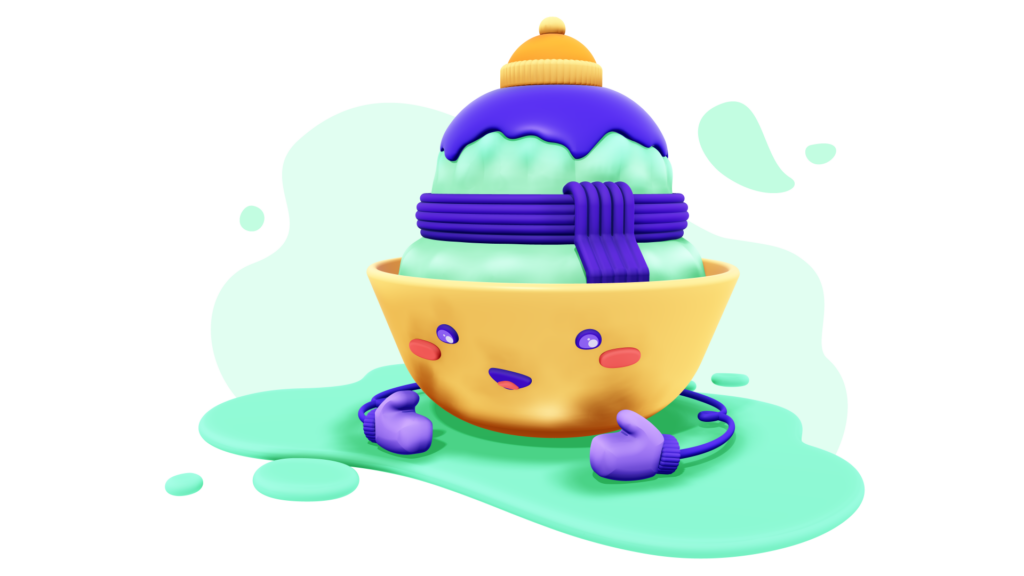 Bingsu, final art, yellow dish with scoop of light green shaved ice with purple topping, wearing a yellow knitted hat and purple scarf. Facial expression on dish happy with red cheeks, string arms with gloves sit below the dish as arms. Melted ice water below character in a small puddle.