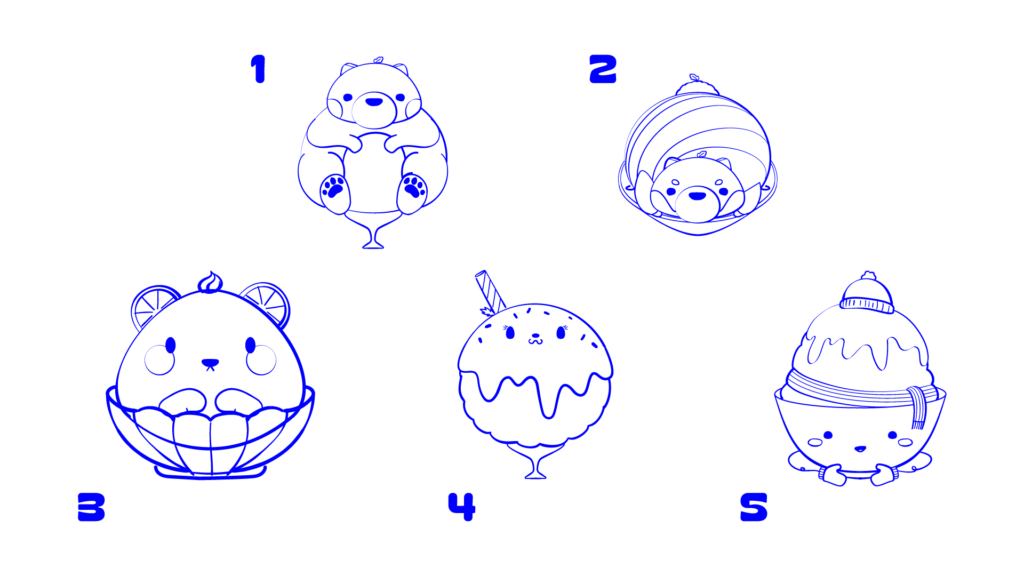 Bingsu original character sketches, Top to bottom, left to right, 1, bear bingsu sitting in a tiny glass. 2, bear bingsu laying down in a large glass with stripes. 3, bear bingsu, face and hands only, in a scalloped glass dish with orange slices for ears. 4, traditional round bingsu character with a cookie straw, sprinkles, sitting in a small dish. 5, the option chosen, traditional round bingsu in a round glass wearing a hat, scarf, and gloves.