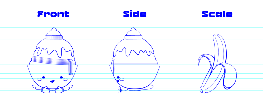 Bingsu, character turn around sketches for modeling. Left to right, final character choice, front view, side view, banana for scale.