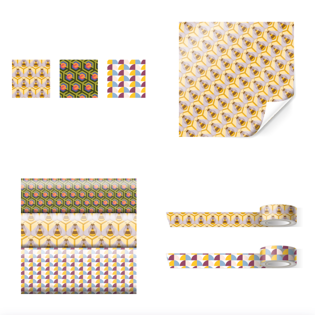 Adobe Illustrator Challenge 2, patterns. Top row bees, green and red hexagon abstract, purple, yellow, and blue abstract circles. Top left paper mock-up of bee pattern with folded corner. Bottom left all 3 patterns on folded fabric mock-up. Bottom right bees and circle pattern on washi tape mock-up.