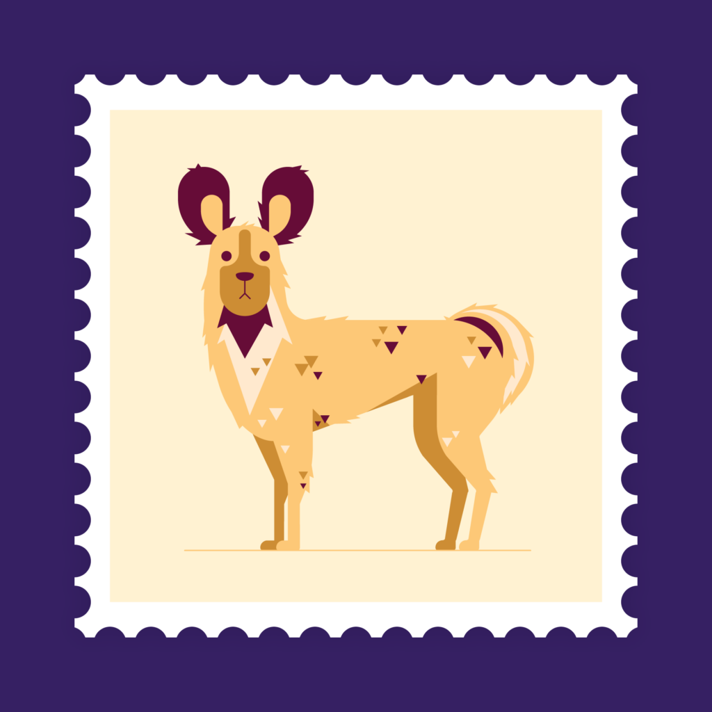 Adobe Illustrator Challenge 3, African wild dog stamp. Purple background, off-white stamp with simplified illustration of an African wild dog in browns.