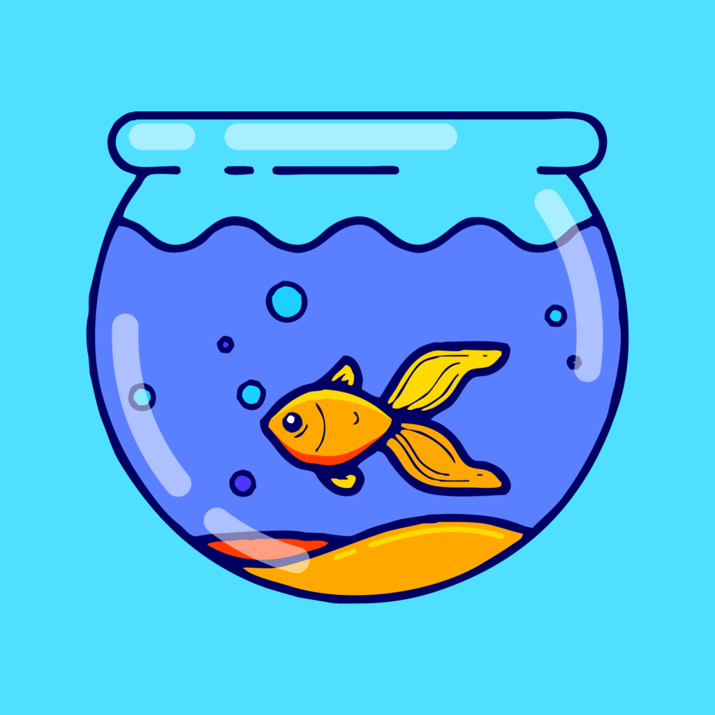 Adobe Illustrator Challenge 4, goldfish illustration. Blue background, purple line work with rough effect of gold fish with water and sand in a fishbowl.