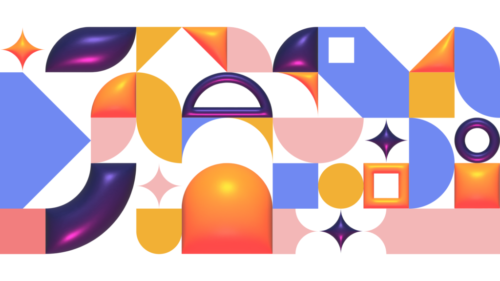Adobe Illustrator Challenge 5, pattern. 2D and 3D shapes, abstract, purple, blue, orange, pinks.