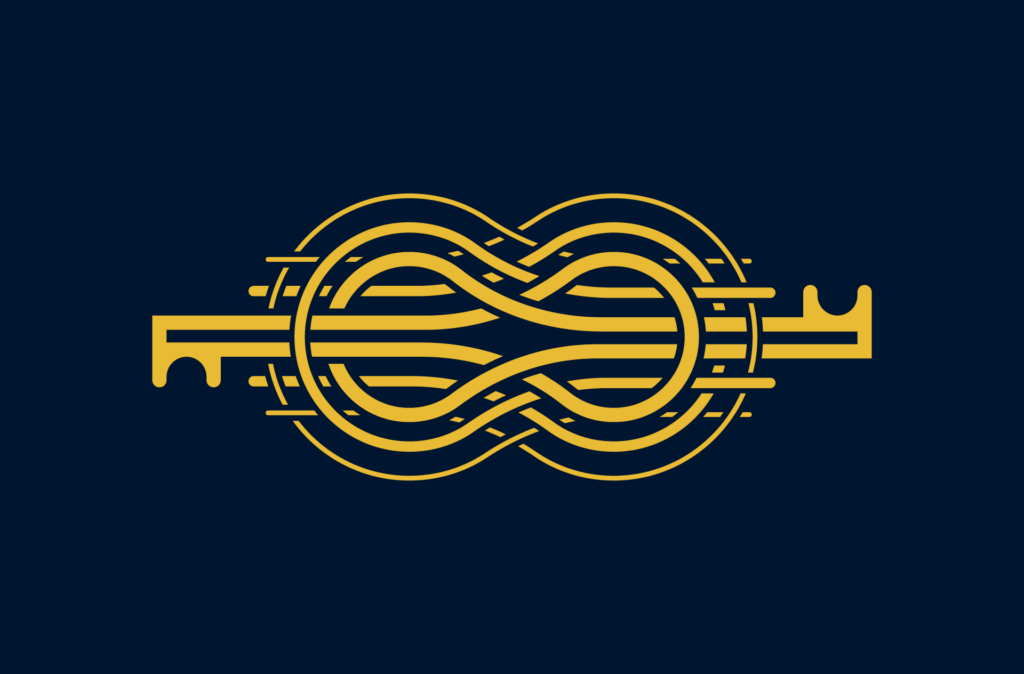 Adobe Illustrator Challenge 6, intertwined key. Navy blue background with two gold keys intertwined line work.