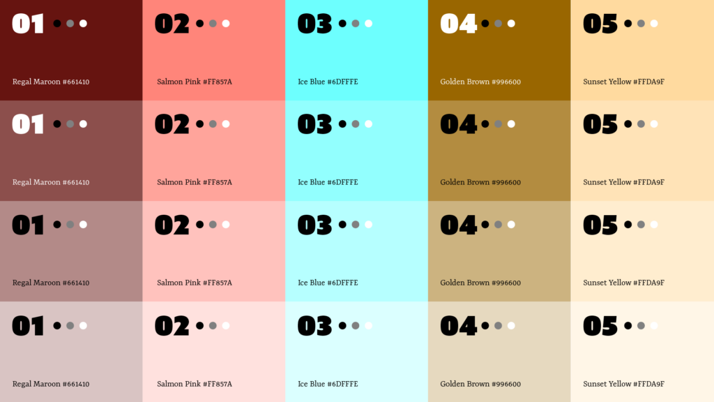 Adobe Illustrator Challenge 7, accessible color palette. Color palette with type and contrast, different tints. Maroon, pink, blue, gold, and yellow.