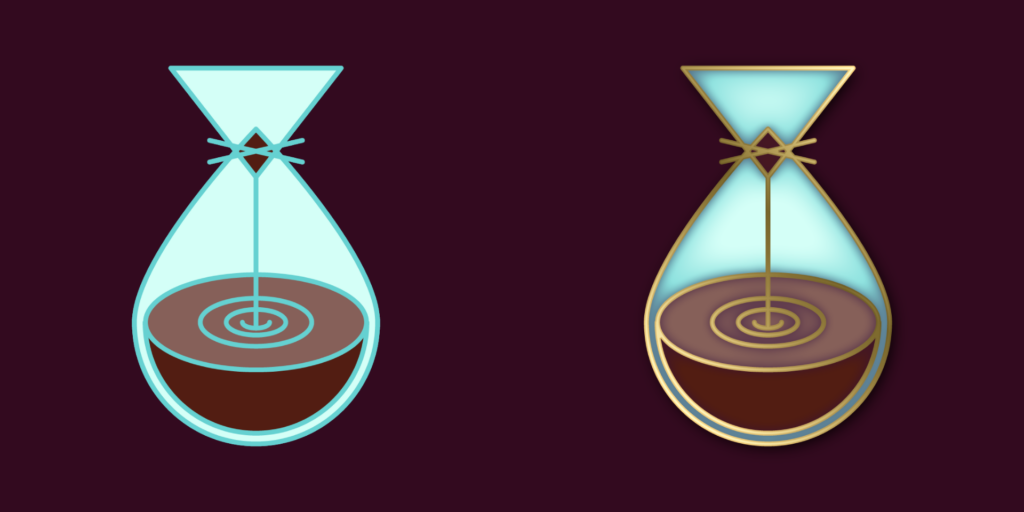 Adobe Illustrator Challenges 1, enamel pin. Design on the left, mock-up on the right, against a maroon background. Cold brew coffee container abstract, simplified, blue interior, liquid coffee at the bottom.