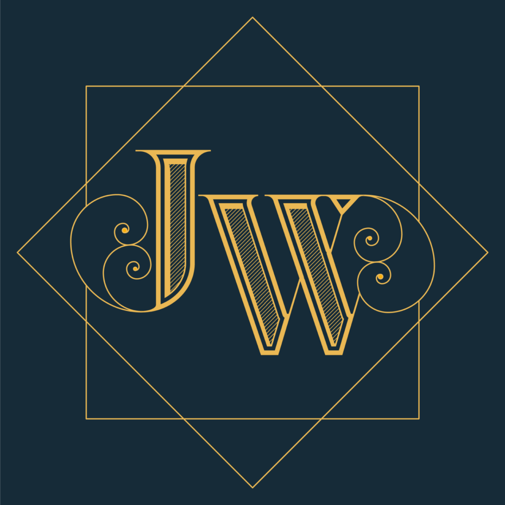 Adobe Illustrator Challenges 2, JW monogram. Gold monogram text design with hatched lines inside serif letters, spiral accents framed by gold box and diamond against a dark blue background.
