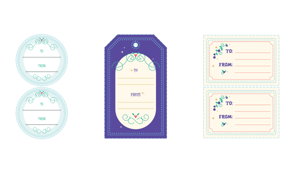 Adobe Illustrator Challenges 5, gift tag. Left circle tags with green holly accents. Middle purple rectangle tag with holly accents. Right rectangle tag with red linework and purple sugar plub accents.