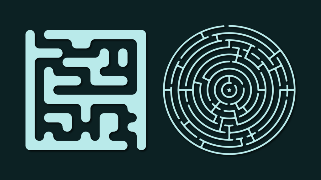 Adobe Illustrator Challenges 6, maze. Left rectangle teal maze, right circle teal maze, both on a dark green background.