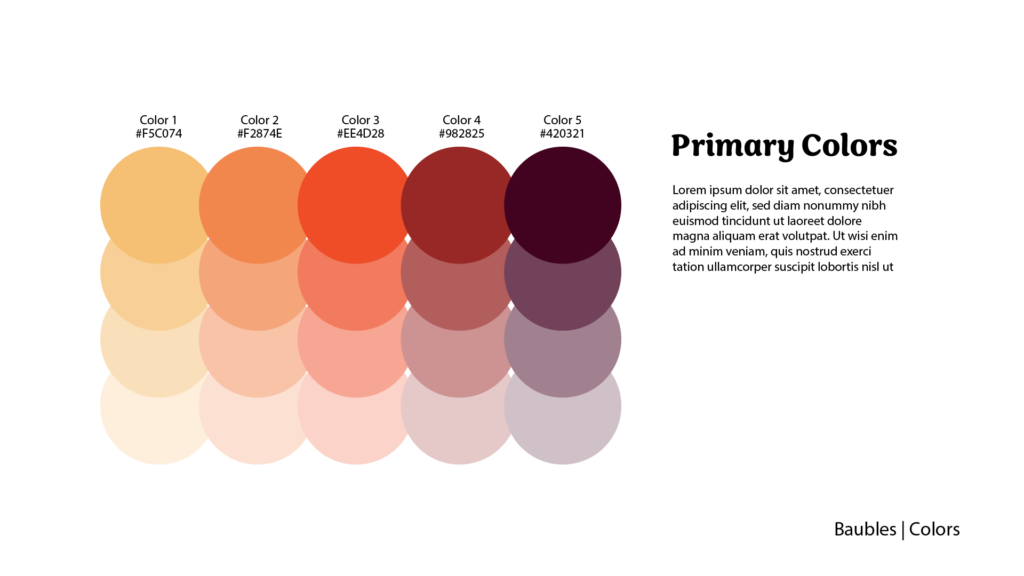 Adobe Illustrator Challenges 8, Baubles brand guide. Primary colors with placeholder text. Color palette, yellow, orange, red, brown, purple.