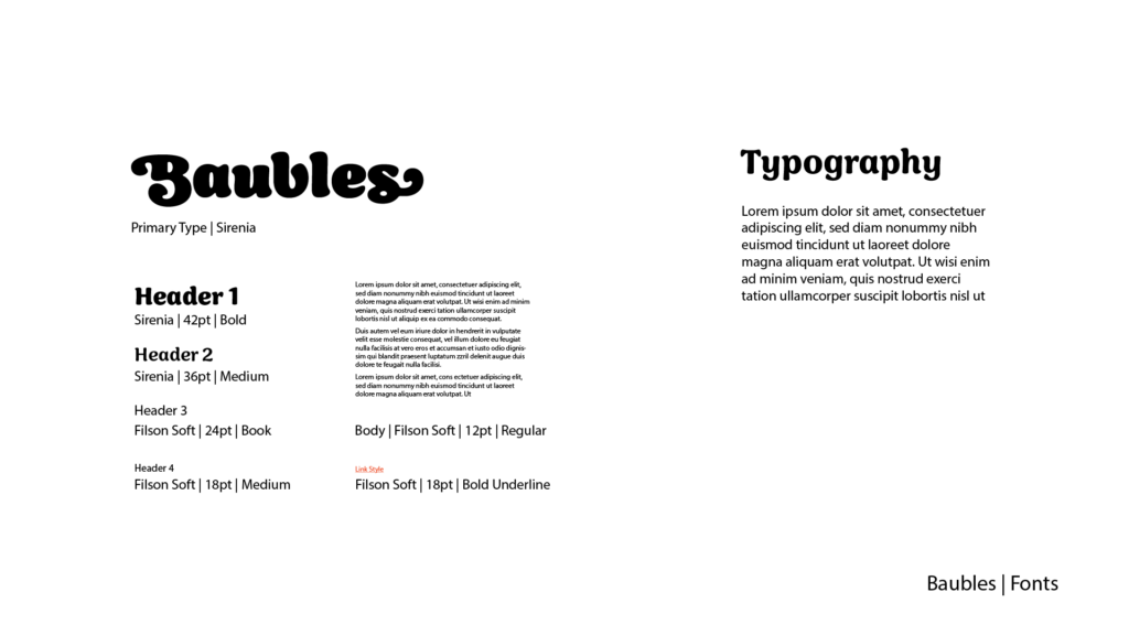 Adobe Illustrator Challenges 8, Baubles brand guide. typography, primary type, Sirenia. Headers 1, 2, , and 4, body copy, and link style.