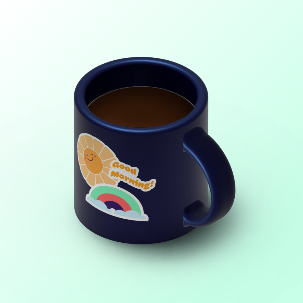 Adobe Illustrator Challenge 3, mug mock-up. 3D navy blue mug on a green background. Sticker designs on the outside sun, rainbow, "good morning" text.