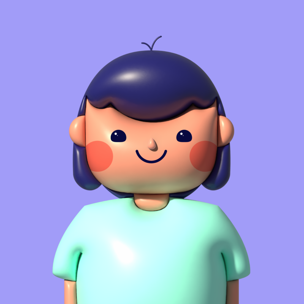 Adobe Illustrator Challenge 4, 3D avatar. Stylized 3D person using the inflate effect. Purple background, purple hair, green shirt.