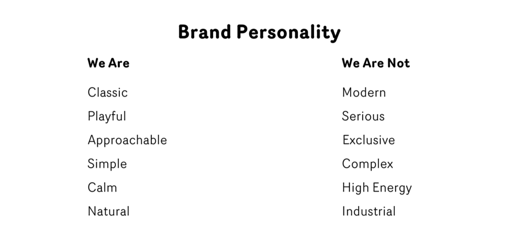 Adobe Illustrator Challenge 1, brand personality. We are classic, playful, approachable, simple, calm, natural. We are not modern, serious, exclusive, complex, high energy, industrial.