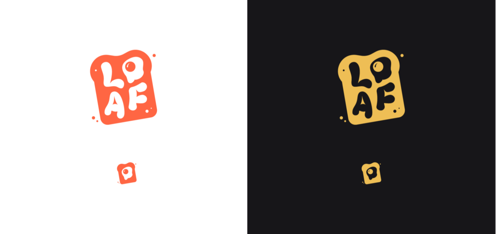 Adobe Illustrator Challenge 3, Loaf logo color variations. Logo in large and small scale variations, on dark and light backgrounds.
