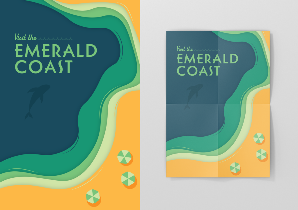 Adobe Illustrator Challenge 1, Poster. Left poster design, "visit the emerald coast" with paper cut beach, blues, teals, and yellows. Umbrellas and whale from top down view. Right poster mock-up on folded paper.