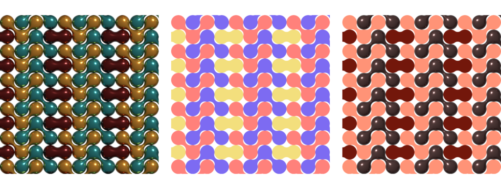 Adobe Illustrator Challenge 2, metaballs pattern. Left 3D jewel tone pattern in metallic texture. Middle 2D pastel pattern. Right 2D and 3D mix in reds.